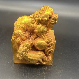 铜鎏金双狮铜印章