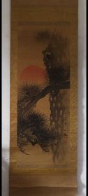 古松图纯手绘，年代久远画外下方有点折痕(日本明治时期古美术名家作品，款自识)