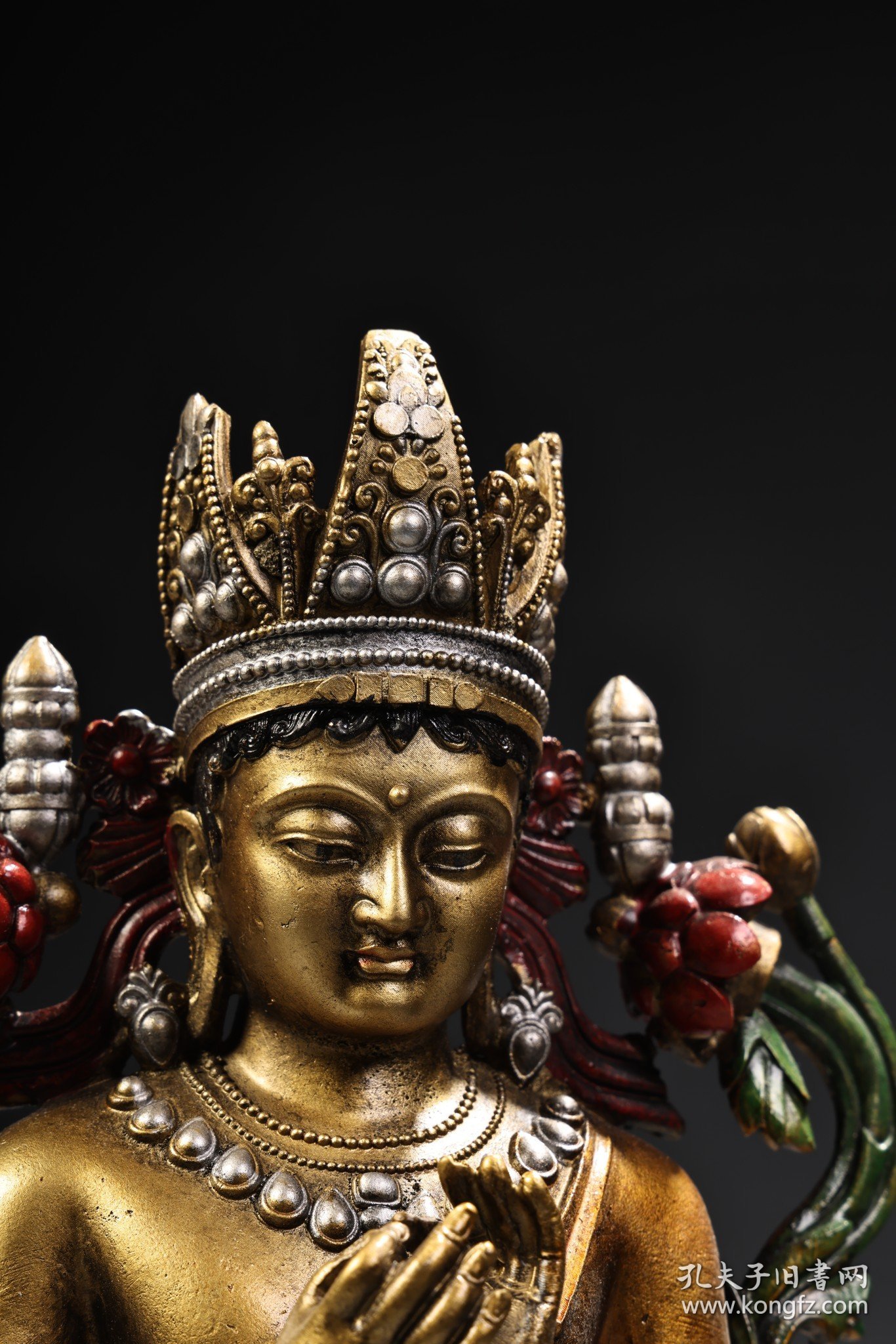 珍品旧藏收纯铜全铜高浮雕錾刻彩绘描金五方佛弥勒佛佛像一尊 工艺精湛 造像精美 重1500克 高26厘米 宽15厘米 255536