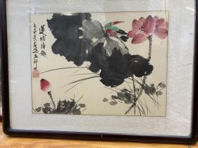 包邮：保真！湖北名家 毛君为 作品《莲塘清趣》尺寸43厘米Ｘ33厘米（原装镜框）