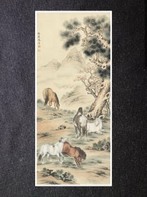 马晋 松荫良骏 81x35cm宣纸高清微喷装饰画芯 国画临摹鉴赏范例