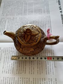 精品黄铜镀银白铜摆件仿古古玩收藏 浪淘沙玻纹茶壶酒壶