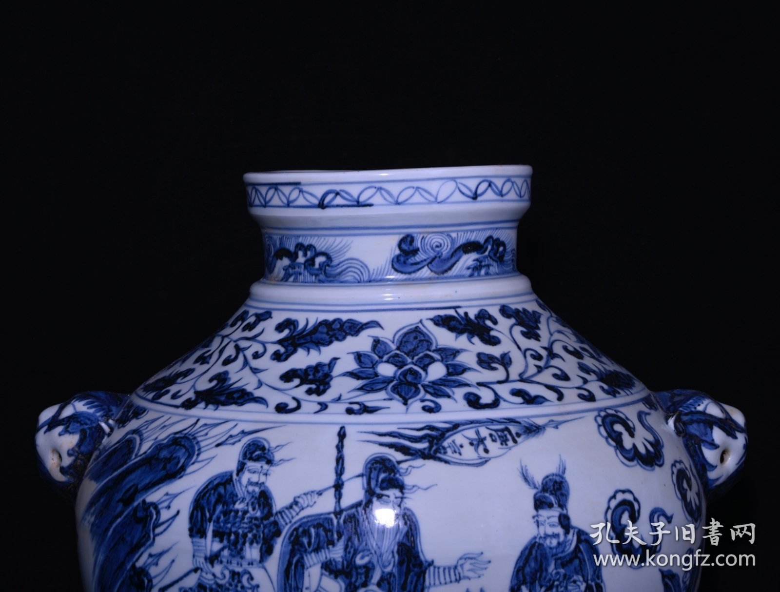 旧藏 元代青花唐太宗人物故事纹狗头罐一对 高39x38厘米