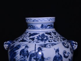 旧藏 元代青花唐太宗人物故事纹狗头罐一对 高39x38厘米