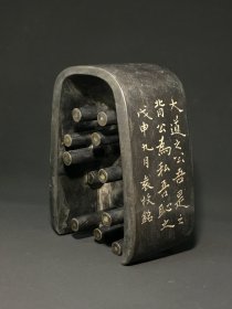旧藏 风字形抄手端砚，石料厚实完美，质地温润，砚面弯月池简约典雅，线条流畅，砚背天然石眼丰富，呈圆柱状，一眼一柱，工艺独特，砚侧铭文工整，包浆浑厚，款：袁枚。收藏赏用珍品。 尺寸：17/12.8/7.2cm。重2.03公斤。