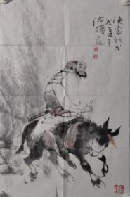 保真书画，杨俭朴《侠客行》人物画一幅，70*46 杨俭朴，1957年生于四川南充。现为中国美术家协会会员。当代优秀水墨画家。2012年当选21世纪最具收藏价值与升值潜力的人物画100家，2017年当选全球水墨画500强。作品多次参加省、市、全国以及海外画展并有部分作品获奖。多次参加国内外学术邀请展，入编多部大型画册并发表于多家报刊杂志。