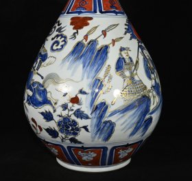 旧藏 元白浒孤窑款矾红青花描金唐太宗人物故事纹玉壶春瓶一对 高46×27厘米