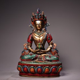 旧藏西藏收纯铜藏传工艺镶嵌宝石彩绘描金藏传长寿佛菩萨佛像一尊 工艺精湛 造像精美