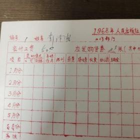1968年人民出版社职工工资卡：著名编辑彭泽湘  1到6月份工资，其中彭泽湘签字六处，