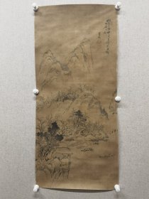 老山水，落款（东林），不知道姓什么。中间开裂，接裱。尺寸93X42