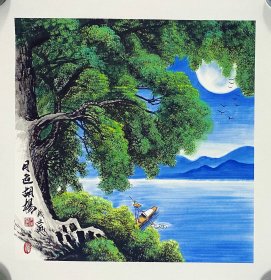 胡杨树，月色胡杨，非常有意境的一幅画，色彩构图非常漂亮，小写意画法，皴法点染，纯手绘，假一赔万，支持第三方鉴定，山东省美协会员尹成云老师的原创大作，实际画的比照片拍出来要漂亮的多，笔法苍劲有力，浓淡干湿焦，行云流水。尺寸0.7米×0.7米，四尺斗方的，家里客厅，书房，卧室，玄关，餐厅，茶室，办公室，进门大厅都可悬挂，闭眼入，真的非常好看，步步登高之意，寓意非常好的一幅画，带老师合影哦。