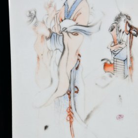 民国骆虎牛羊绘粉彩仕女图瓷板画 高39.6宽18.2厘米2