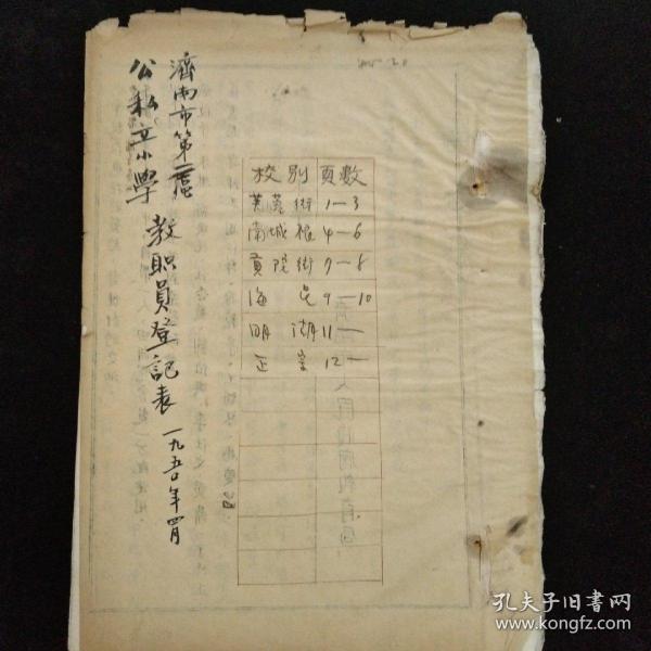 济南教育文献·1950年济南市人民政府教育局 编制·济南市第二区公、私立小学教职员登记表·毛笔手写原件·内含:芙蓉街、南城根、贡院街、海星、明湖、正宗小学·共计六所小学12页！