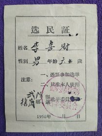 武陟徐岗1956年选民证。