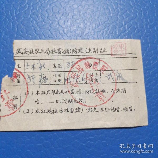 六十年代武安县农业局牲畜(猪)防疫注射证 ，油印