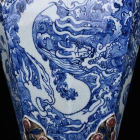 元青花釉里红贴塑花卉海水刻白龙纹八方梅瓶