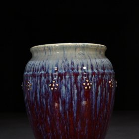 瓷器 清乾隆祭红耀变釉贴塑梅花纹小缸 18*15厘米