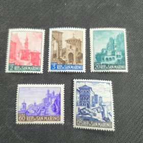 SAN102圣马力诺邮票1957年 旅游风光城堡建筑 新 6全