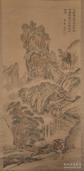 清代字画 名家字画 小田海仙王赢 山水人物画 二十四孝之子路为亲负米 整幅207*81.画心141*65.6 此为所见王瀛书画最大最好的一幅 绢本淡彩浅绛山水 原装绫裱难得好品 硬木轴头