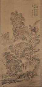 清代字画 名家字画 小田海仙王赢 山水人物画 二十四孝之子路为亲负米 整幅207*81.画心141*65.6 此为所见王瀛书画最大最好的一幅 绢本淡彩浅绛山水 原装绫裱难得好品 硬木轴头