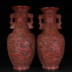 早期收藏剔红漆器雕刻龙腾云海花瓶一对古董古玩杂项收藏