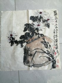 老手工纸手绘国画菊兰图