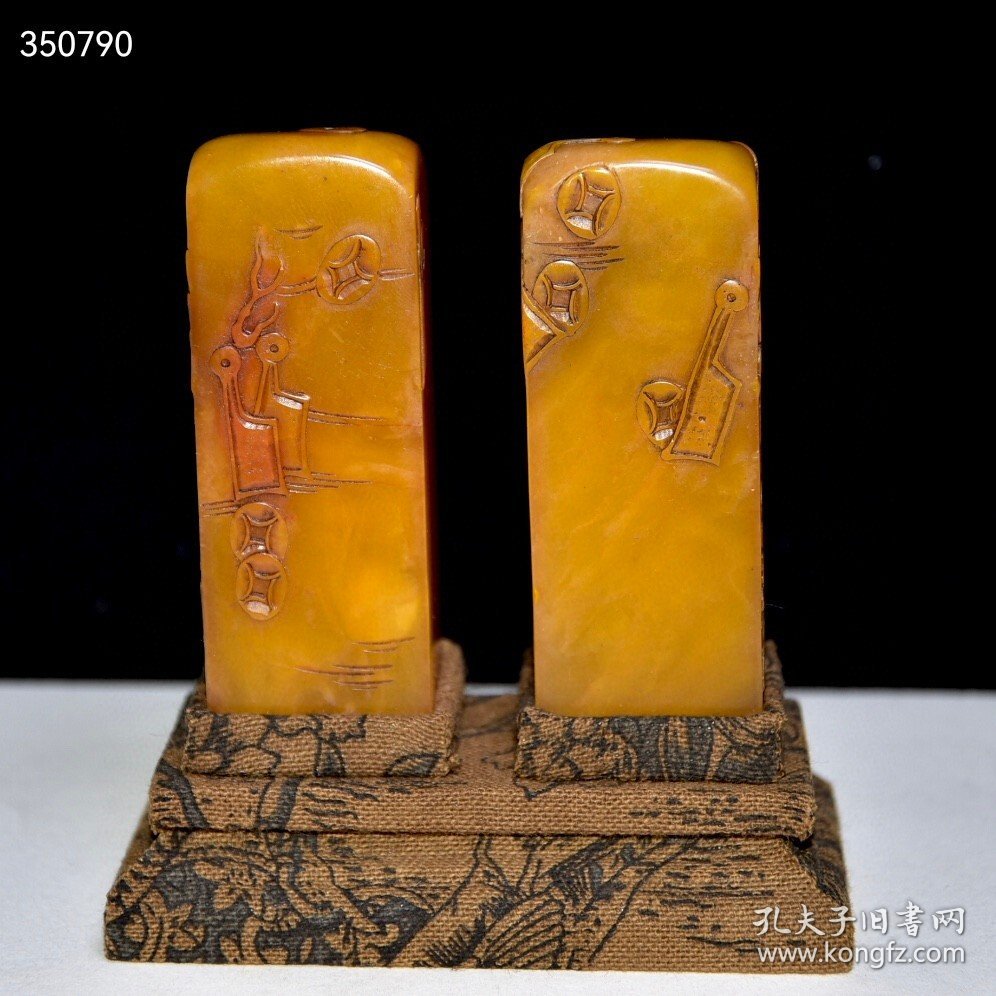 旧藏珍品 寿山石田黄石套章 原石原色纯手工雕刻