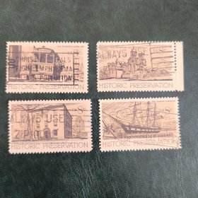 USA401美国1971年 美国的著名历史建筑 旧金山缆车（有轨电车） 教堂 神秘港等 雕刻版外国邮票 外国邮票 信销 4全 邮戳随机