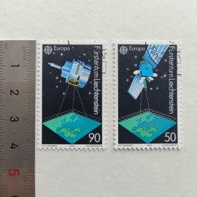 ox01外国邮票欧洲邮票列支敦士登1991年 航空 欧罗巴航天卫星 盖销 2全 （防伪纤维纸）