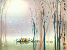 朱军山 国画山水与西方水彩的完美结合 朦胧画派 水彩国画作品 
1:《漓江春雨》尺寸：70*46cm 
2:《江南渔歌》尺寸：69.5*46cm