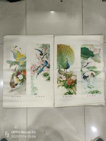 年画 宣传画 四季花鸟屏（2张）王一鸣 对开，辽宁美术出版社,1978年9月1版,1979年3月2印，屏展天香、莲风鹤影、锦上添花、红梅紫绶