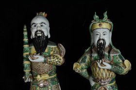 旧藏 清乾隆 五彩哼哈二将 尺寸49x20厘米