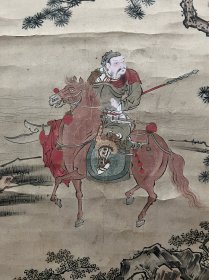 古筆关羽图【狩野荣信】 
1775〜1828（安永四~文政十一）54岁。狩野 惟信之子，亦称狩野伊川或狩野伊川院，名荣信，号伊 川院、伊川、玄赏斋、玄之斋。画从父学。曾发明水墨画 洒金法，画风近于尚信之笔。1802年叙法眼,1816年叙 法印。德川幕府的奥绘师