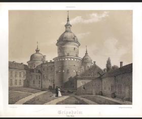 瑞典1869年古董格调石印版画复古收藏/庄园豪宅Gripsholm