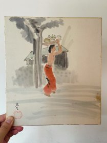 541日本卡纸色纸画，回流老字画。纯手绘，写意国画，水墨画。色纸。风物，热带背水果的女人。