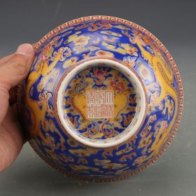 珍藏蓝地珐琅彩龙纹碗瓷器古董古玩收藏品