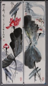 梁业鸿彩荷两幅，每幅137X34cm,两幅一起保真打包便宜出