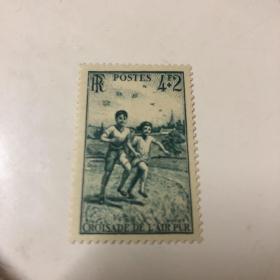 法国邮票1945年儿童游戏赛跑1全新 雕刻版 原胶全品