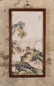 红木镶粉彩山水瓷板画中堂竖挂屏！！！《江山如画》尺寸高87宽47