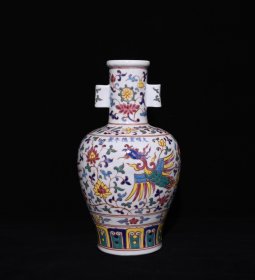 旧藏 明宣德五彩穿花凤纹贯耳瓶 高30.5×18厘米