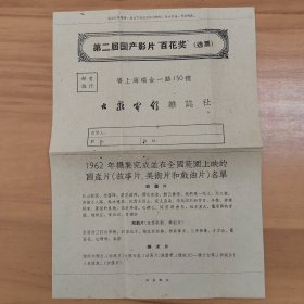 1962年第二届国产影片“百花奖”（选票）（《大众电影》杂志社主办）