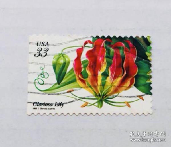 美国邮票，多单合并邮费，满50包邮
图1:1999—5—1热带植物
1套4枚，这枚是4—3。
植物学家艺术家史蒂夫布坎南把生长在夏威夷，佛罗里达南部，加里佛尼亚南部的这四种植物活灵活现的展现在面前，它们是：天堂鸟(Strelitzia reginae)，Royal Poinciana(Delonix regia)，Gloriosa 百合花(Gloriosa superba)和中国蔷薇，朱槿。