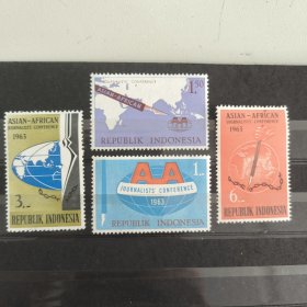 Y304印度尼西亚印尼1963年邮票 亚非记者会议 地图钢笔新闻写作传媒邮票 新 4全 个别背黄背贴软痕，随机发
