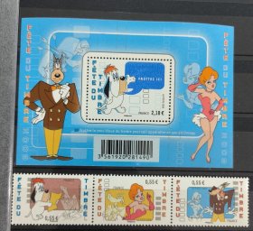 Fr707法国2008年邮票日 动画大师特克斯艾弗里百年 迪士尼经典卡通漫画角色 德鲁比 红发女郎等 儿时记忆 外国邮票 新 3全+小型张 小型张边纸有一处压痕，如图