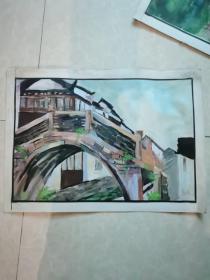八十年代水彩风景画之六：36x25cm，落款：蔡文君（铅笔书写），厚纸衬裱，纯手工绘制。