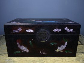 旧藏花梨木精工镶嵌彩贝 连年有余 百宝箱 收藏送礼佳品