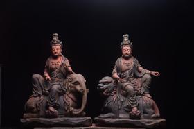 旧藏老木雕【文殊 普贤】菩萨造像。