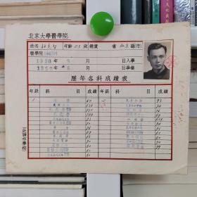 1950年北京大学医学院专修班学籍卡（杜克智 北京）