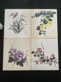 日本舶来 国画作品 花卉 色纸镜心 4幅