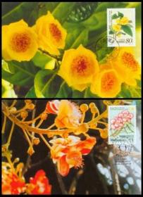 2002年 集邮总公司2002年MC-49珍稀花卉金银花特种邮票（2002-3）极限明信片2全 贴中国，马来西亚邮票各一枚